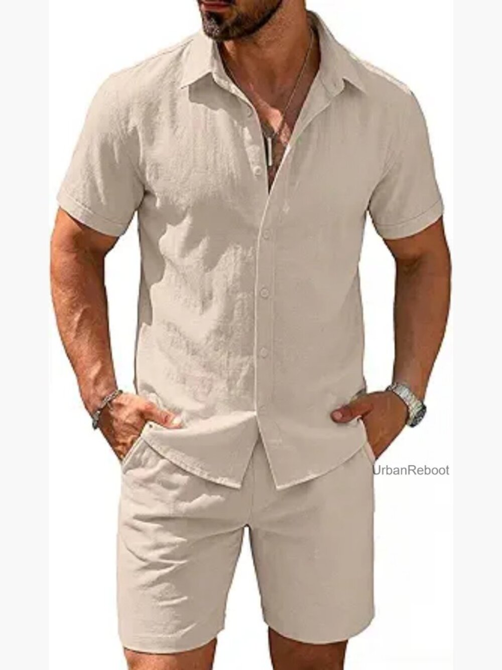 Men's 2 Piece Cotton Linen Set Short Sleeve Button Down Shirt and Shorts